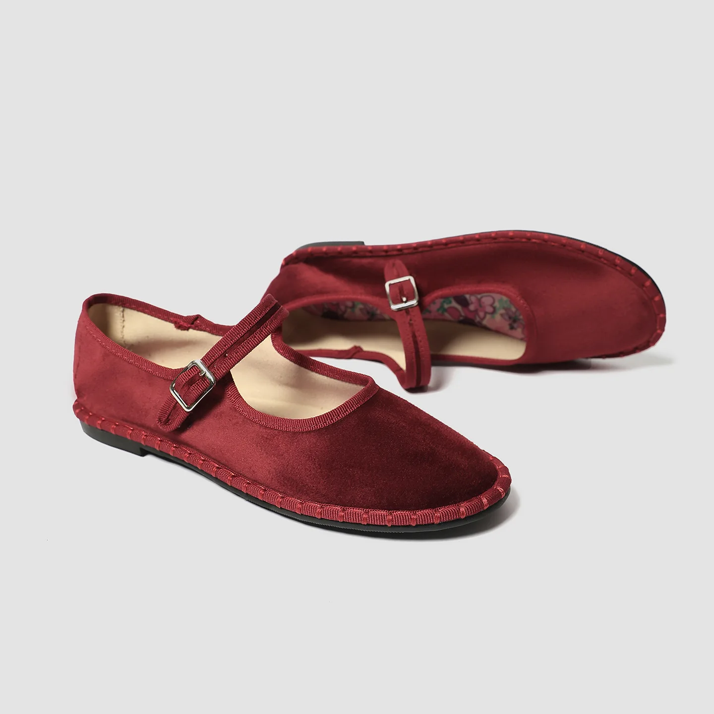 Printed Insole Stitching Velvet Mary Janes Shoes Women High Quality Pleuche Red Ballet Flats Shoes Ladies Casual Cloth Footwear