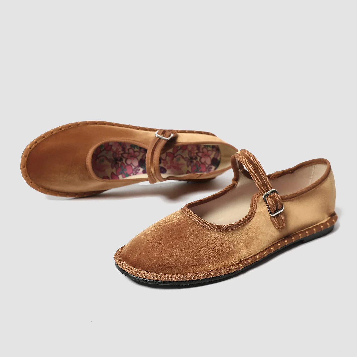 Printed Insole Stitching Velvet Mary Janes Shoes Women High Quality Pleuche Red Ballet Flats Shoes Ladies Casual Cloth Footwear