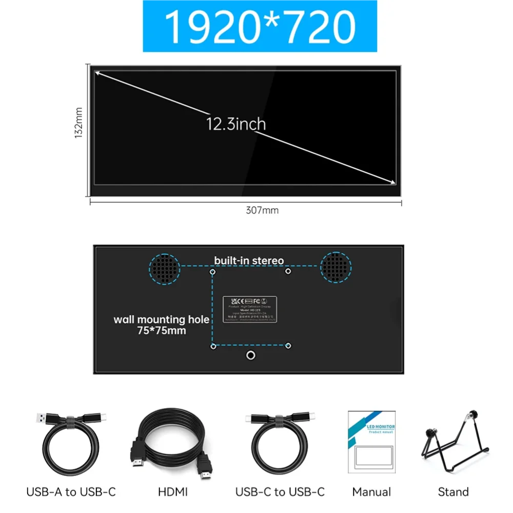 12.3-inch Portable Monitor Long Touch IPS Screen Type-C HDMI for Laptops PC Xbox PS5 Switch - Multimedia External Display