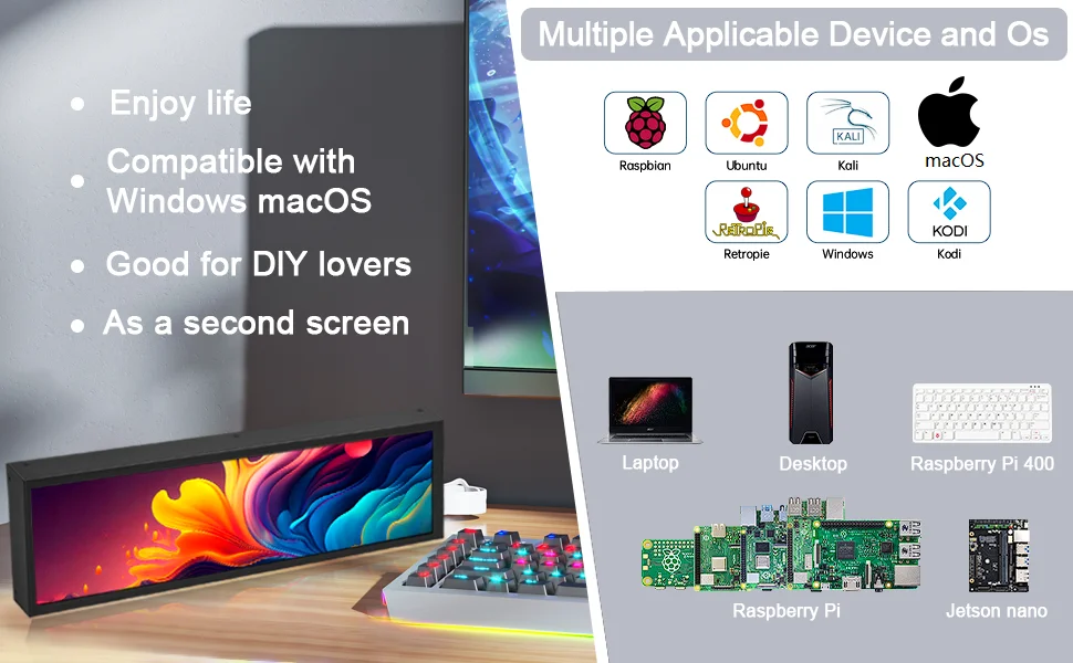 7.84 Inch HD Mini Monitor USB-C IPS Stretched Bar LCD Display for Computer Laptop Aida64 CPU GPU Monitoring Secondary Screen