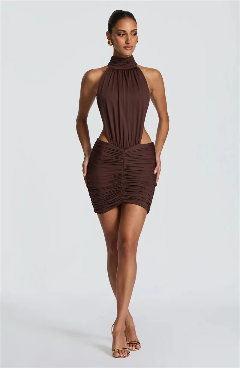 Mozision Halter High Neck Sexy Mini Dress Women Elegant Draped Ruched Waist Cutout Bodycon Cocktail Club Party Dress Fashion