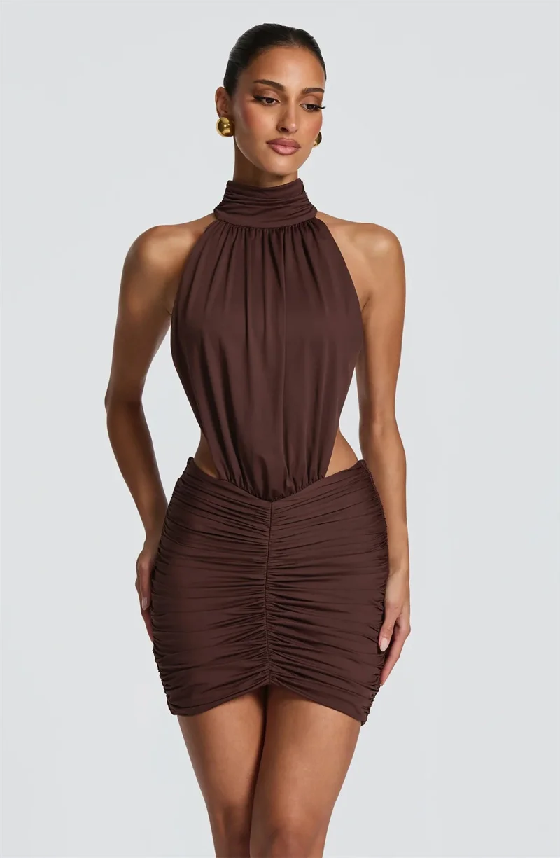 Mozision Halter High Neck Sexy Mini Dress Women Elegant Draped Ruched Waist Cutout Bodycon Cocktail Club Party Dress Fashion