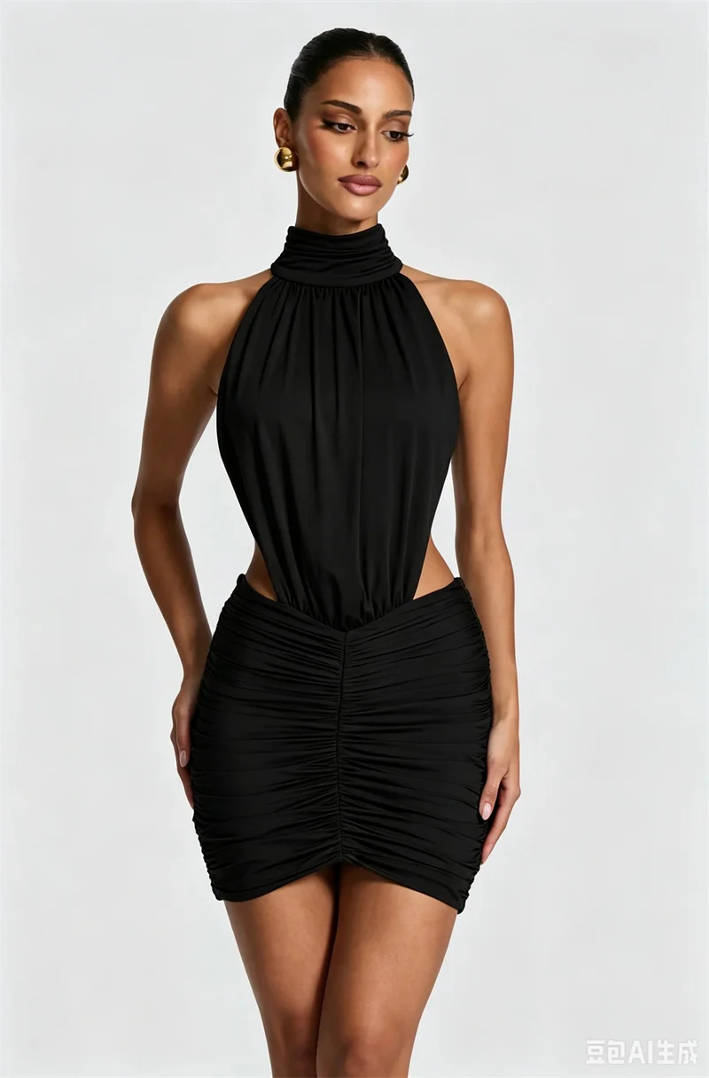 Mozision Halter High Neck Sexy Mini Dress Women Elegant Draped Ruched Waist Cutout Bodycon Cocktail Club Party Dress Fashion