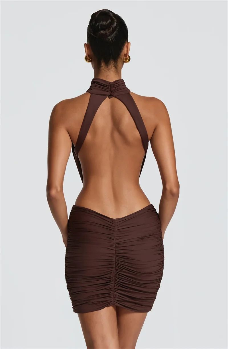 Mozision Halter High Neck Sexy Mini Dress Women Elegant Draped Ruched Waist Cutout Bodycon Cocktail Club Party Dress Fashion