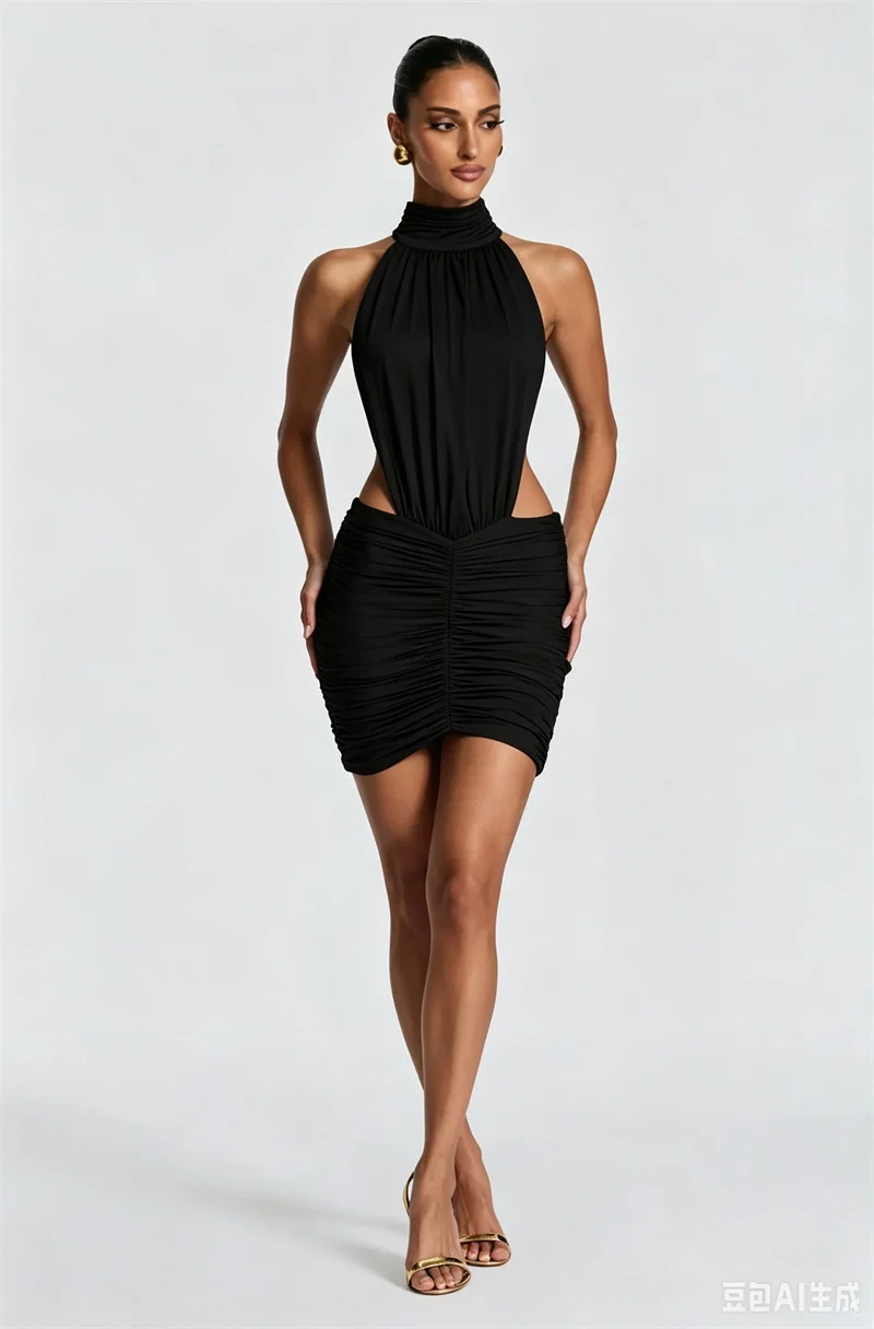 Mozision Halter High Neck Sexy Mini Dress Women Elegant Draped Ruched Waist Cutout Bodycon Cocktail Club Party Dress Fashion