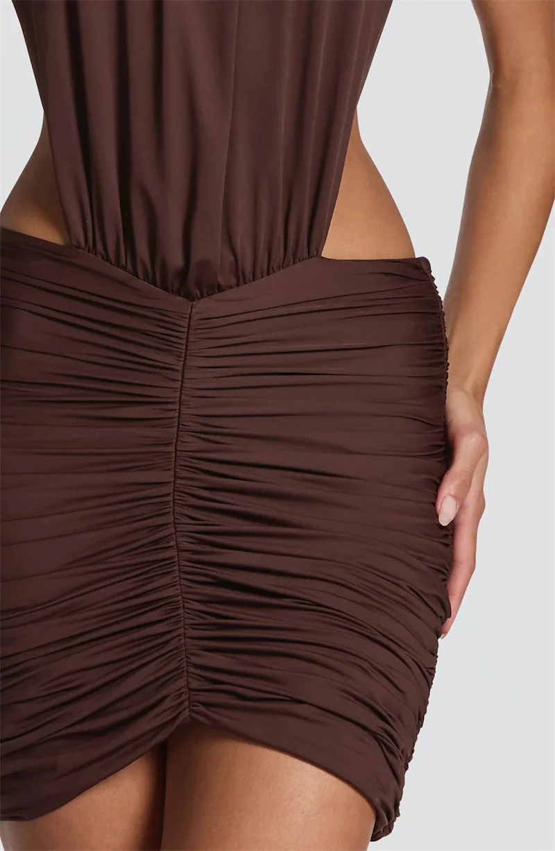 Mozision Halter High Neck Sexy Mini Dress Women Elegant Draped Ruched Waist Cutout Bodycon Cocktail Club Party Dress Fashion