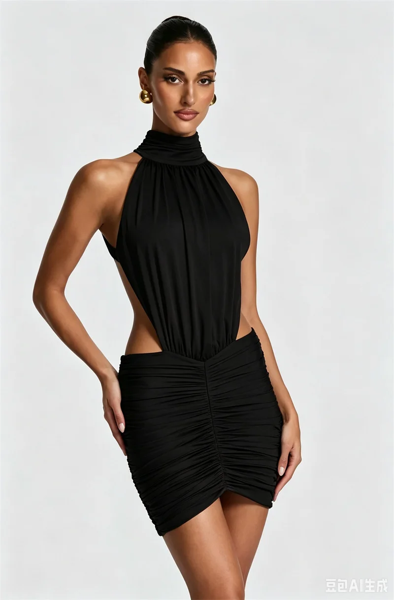 Mozision Halter High Neck Sexy Mini Dress Women Elegant Draped Ruched Waist Cutout Bodycon Cocktail Club Party Dress Fashion