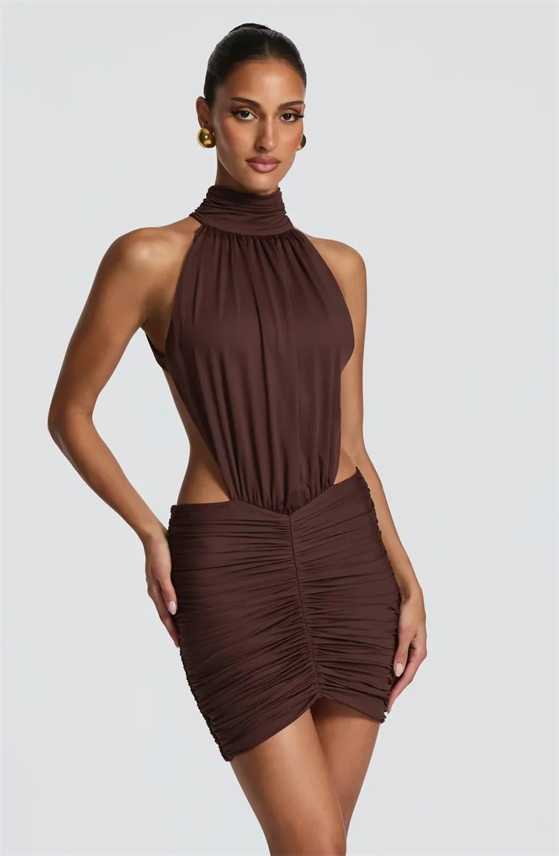 Mozision Halter High Neck Sexy Mini Dress Women Elegant Draped Ruched Waist Cutout Bodycon Cocktail Club Party Dress Fashion