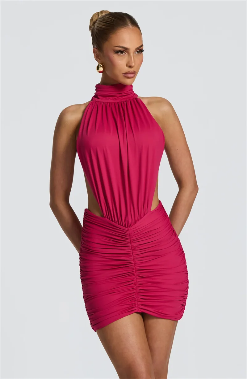 Mozision Halter High Neck Sexy Mini Dress Women Elegant Draped Ruched Waist Cutout Bodycon Cocktail Club Party Dress Fashion
