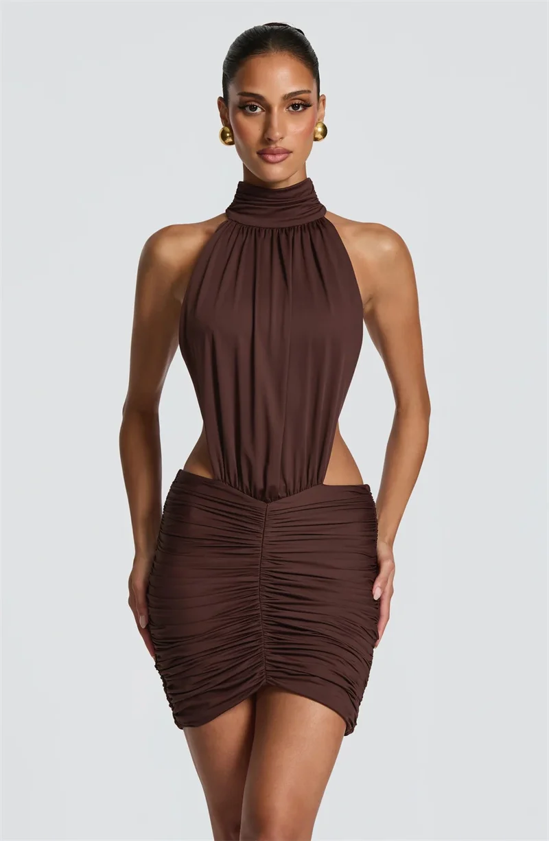 Mozision Halter High Neck Sexy Mini Dress Women Elegant Draped Ruched Waist Cutout Bodycon Cocktail Club Party Dress Fashion