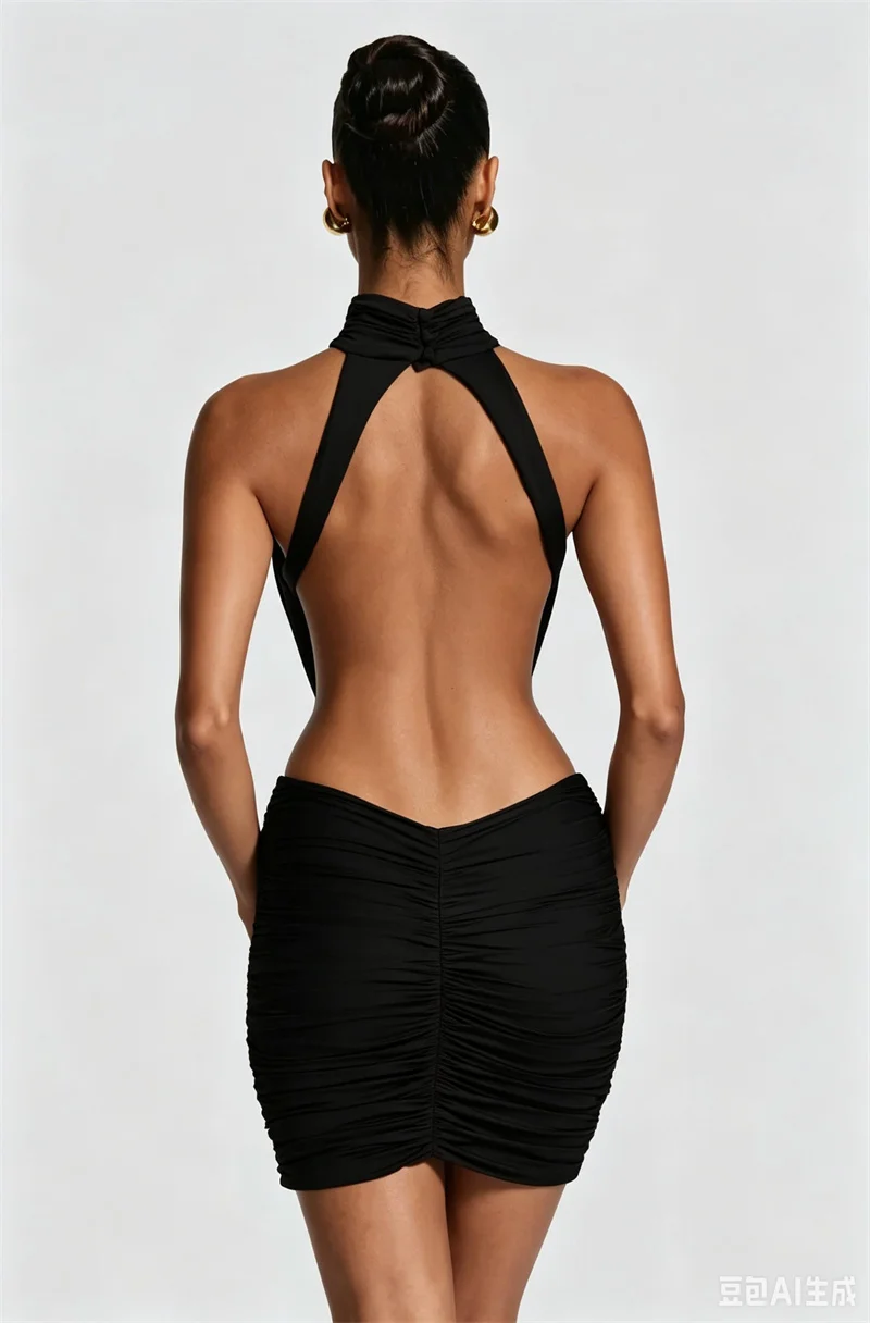 Mozision Halter High Neck Sexy Mini Dress Women Elegant Draped Ruched Waist Cutout Bodycon Cocktail Club Party Dress Fashion