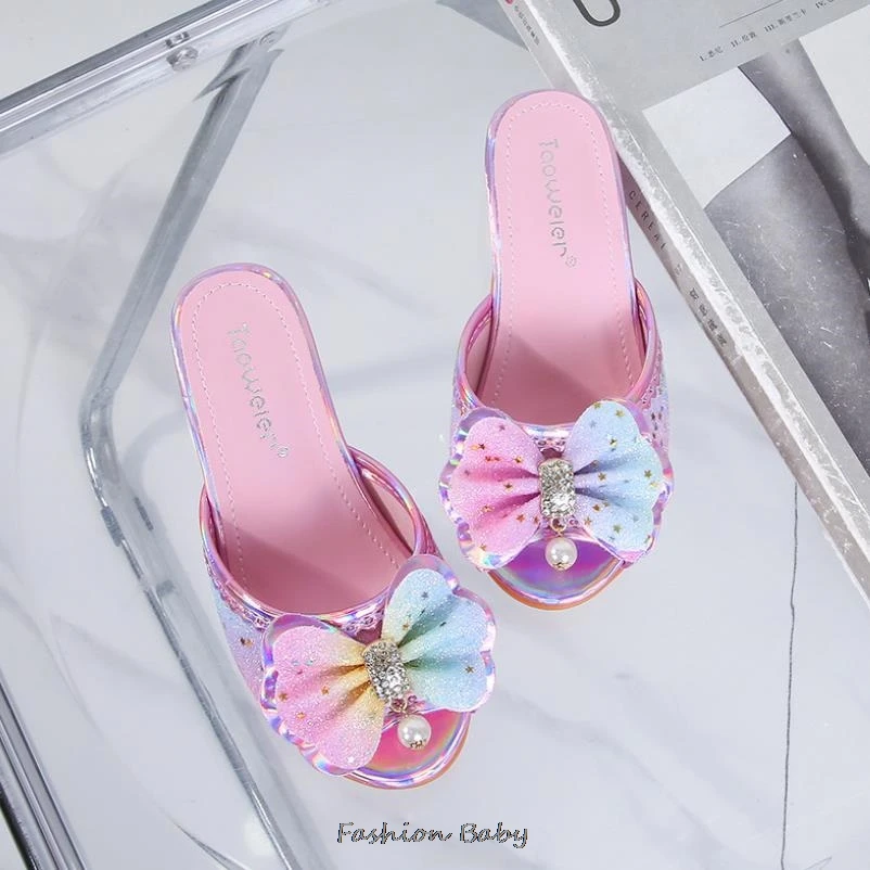Kids Sandals High Heel Slippers Summer Fashion Pink Girls Shoes Indoor Outdoor Non-slip Princess Diamond Shoes Size 25-35
