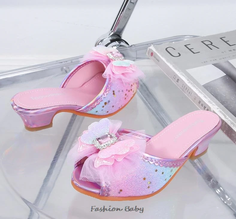 Kids Sandals High Heel Slippers Summer Fashion Pink Girls Shoes Indoor Outdoor Non-slip Princess Diamond Shoes Size 25-35