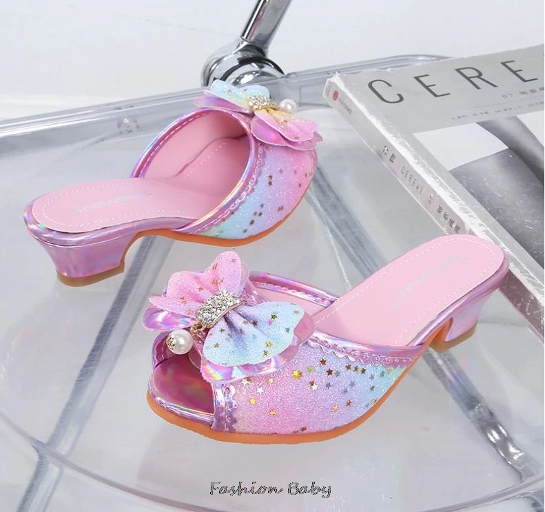 Kids Sandals High Heel Slippers Summer Fashion Pink Girls Shoes Indoor Outdoor Non-slip Princess Diamond Shoes Size 25-35