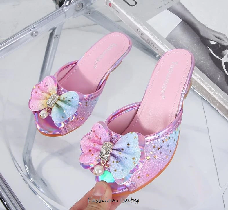 Kids Sandals High Heel Slippers Summer Fashion Pink Girls Shoes Indoor Outdoor Non-slip Princess Diamond Shoes Size 25-35