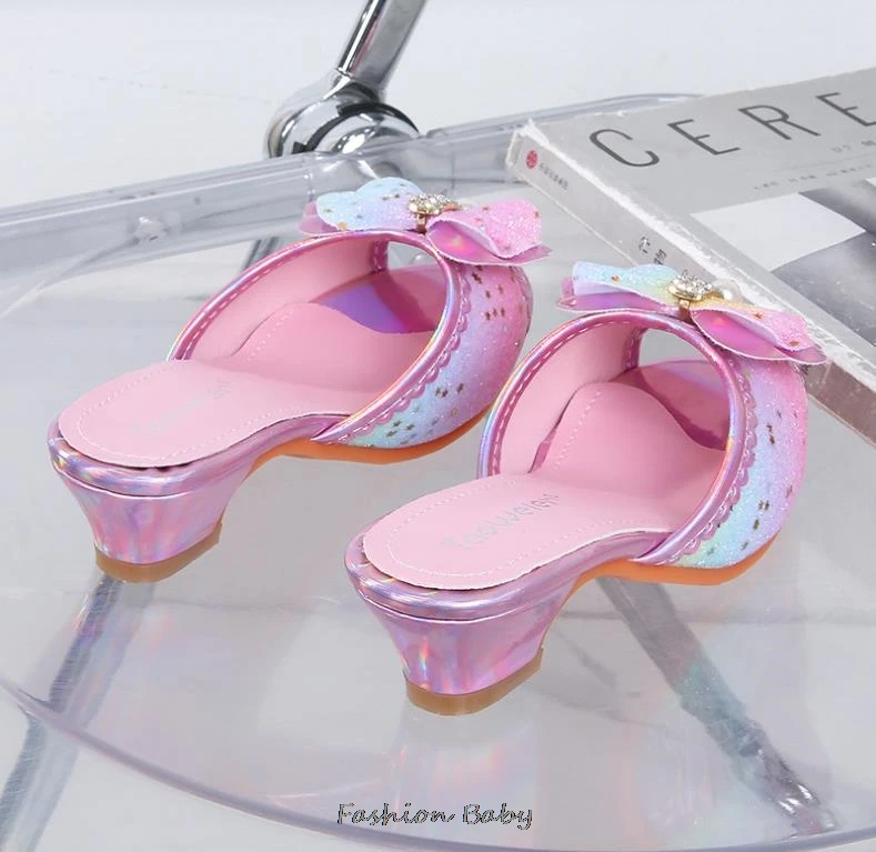Kids Sandals High Heel Slippers Summer Fashion Pink Girls Shoes Indoor Outdoor Non-slip Princess Diamond Shoes Size 25-35
