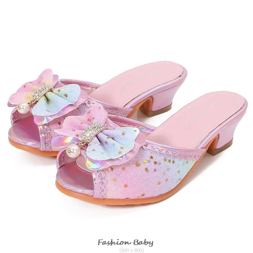 Kids Sandals High Heel Slippers Summer Fashion Pink Girls Shoes Indoor Outdoor Non-slip Princess Diamond Shoes Size 25-35