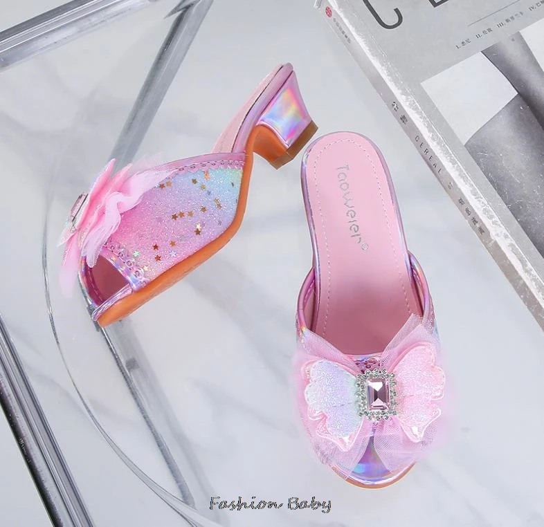Kids Sandals High Heel Slippers Summer Fashion Pink Girls Shoes Indoor Outdoor Non-slip Princess Diamond Shoes Size 25-35