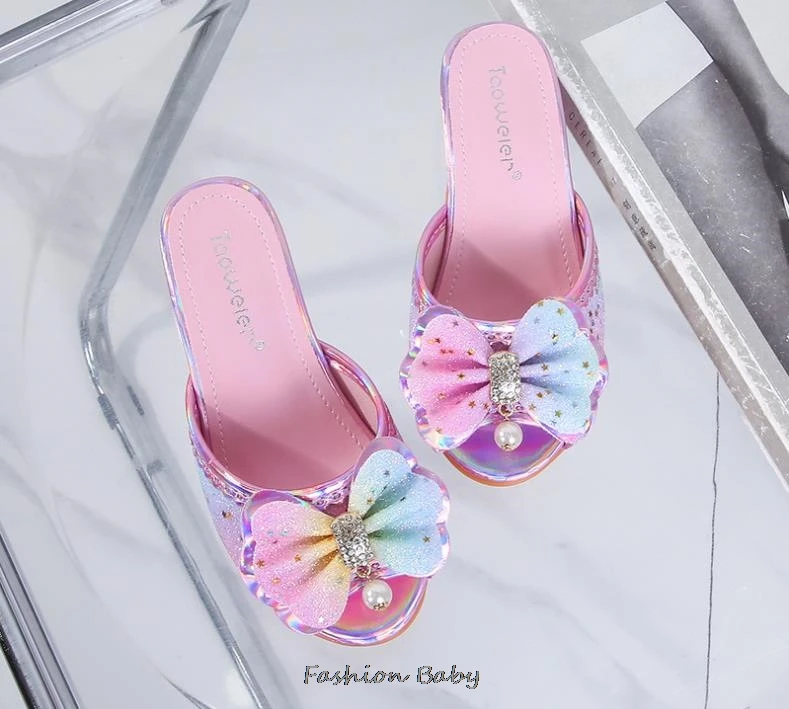 Kids Sandals High Heel Slippers Summer Fashion Pink Girls Shoes Indoor Outdoor Non-slip Princess Diamond Shoes Size 25-35