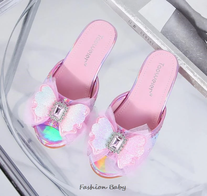 Kids Sandals High Heel Slippers Summer Fashion Pink Girls Shoes Indoor Outdoor Non-slip Princess Diamond Shoes Size 25-35