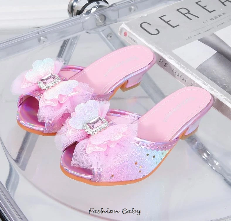 Kids Sandals High Heel Slippers Summer Fashion Pink Girls Shoes Indoor Outdoor Non-slip Princess Diamond Shoes Size 25-35