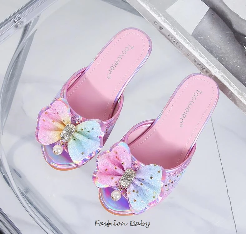 Kids Sandals High Heel Slippers Summer Fashion Pink Girls Shoes Indoor Outdoor Non-slip Princess Diamond Shoes Size 25-35