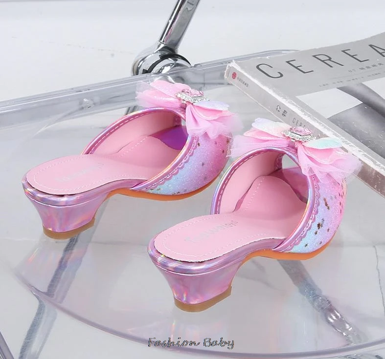 Kids Sandals High Heel Slippers Summer Fashion Pink Girls Shoes Indoor Outdoor Non-slip Princess Diamond Shoes Size 25-35
