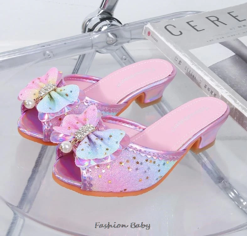Kids Sandals High Heel Slippers Summer Fashion Pink Girls Shoes Indoor Outdoor Non-slip Princess Diamond Shoes Size 25-35