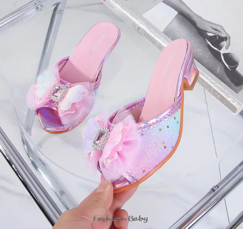 Kids Sandals High Heel Slippers Summer Fashion Pink Girls Shoes Indoor Outdoor Non-slip Princess Diamond Shoes Size 25-35