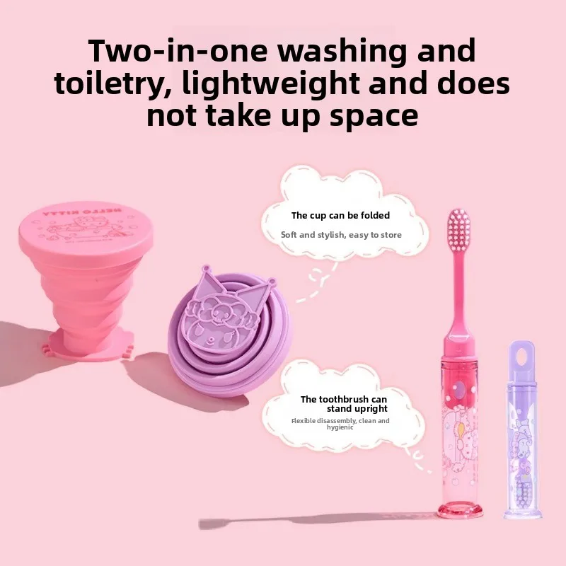 Sanrio Hello Kitty Wash Folding Cup Kuromi Cartoon Cute Creative Water Cup Toothbrush Set Portable Travel Mouthwash Cup