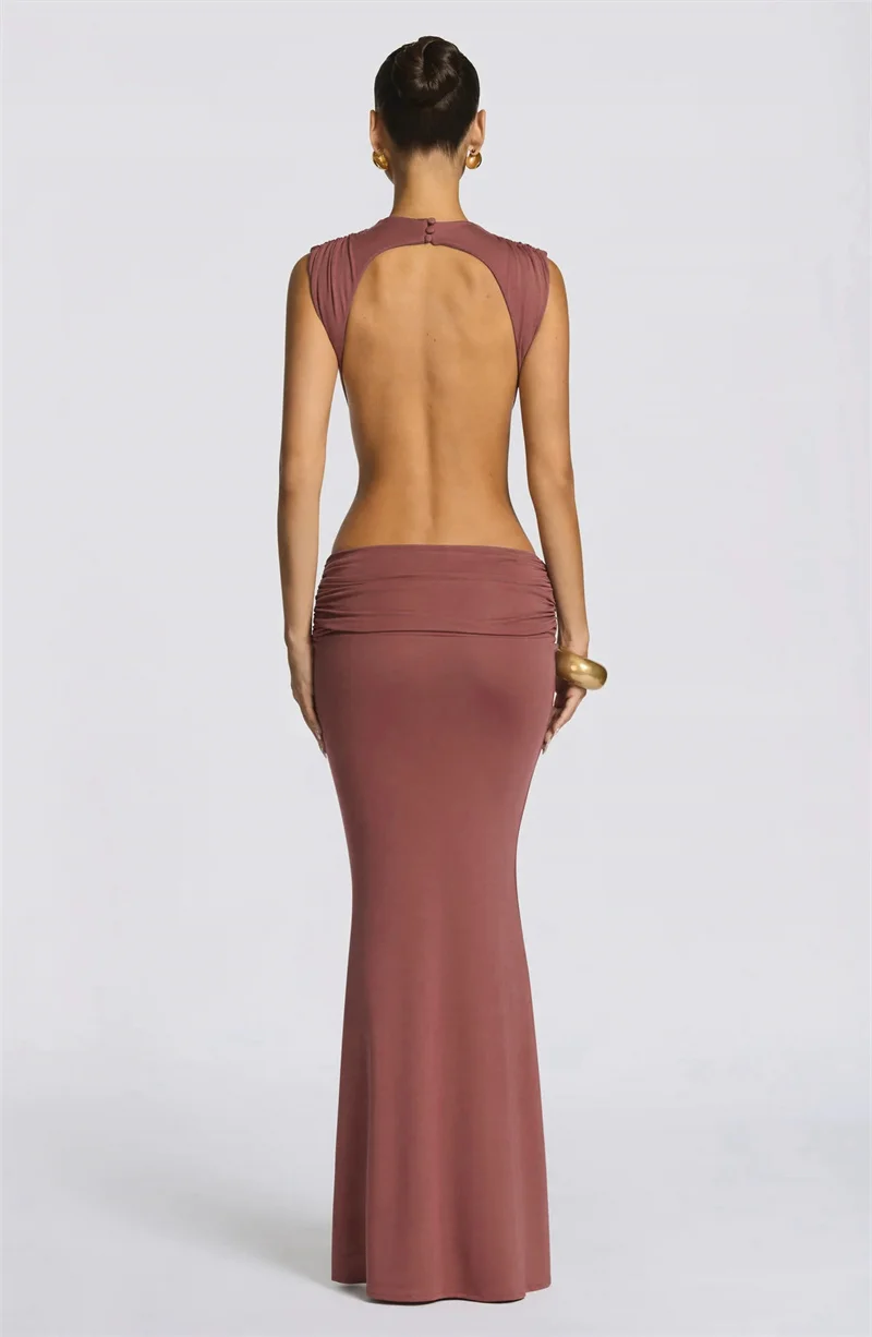 Mozision Women Cutout Backless Sexy Maxi Dress Elegant High Neck Sleeveless Ruched Bodycon Club Party Beach Long Dress Fashion