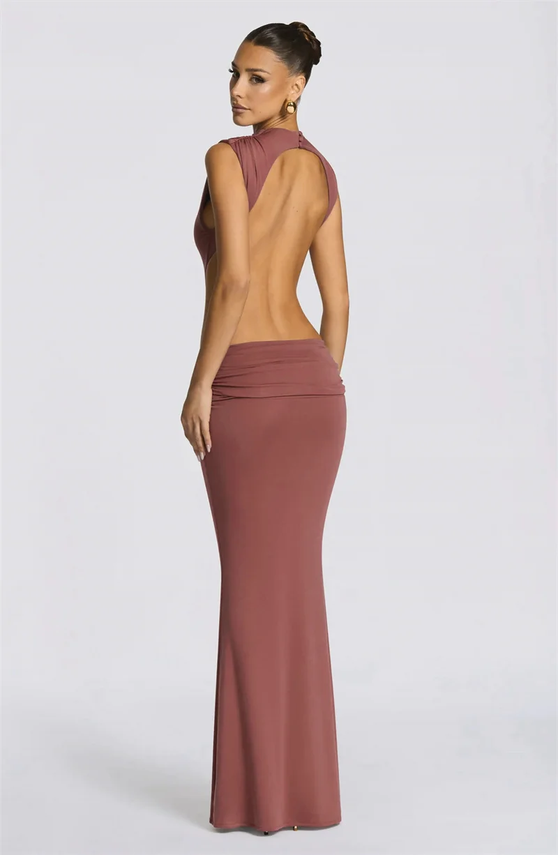 Mozision Women Cutout Backless Sexy Maxi Dress Elegant High Neck Sleeveless Ruched Bodycon Club Party Beach Long Dress Fashion