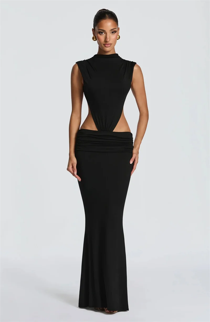 Mozision Women Cutout Backless Sexy Maxi Dress Elegant High Neck Sleeveless Ruched Bodycon Club Party Beach Long Dress Fashion