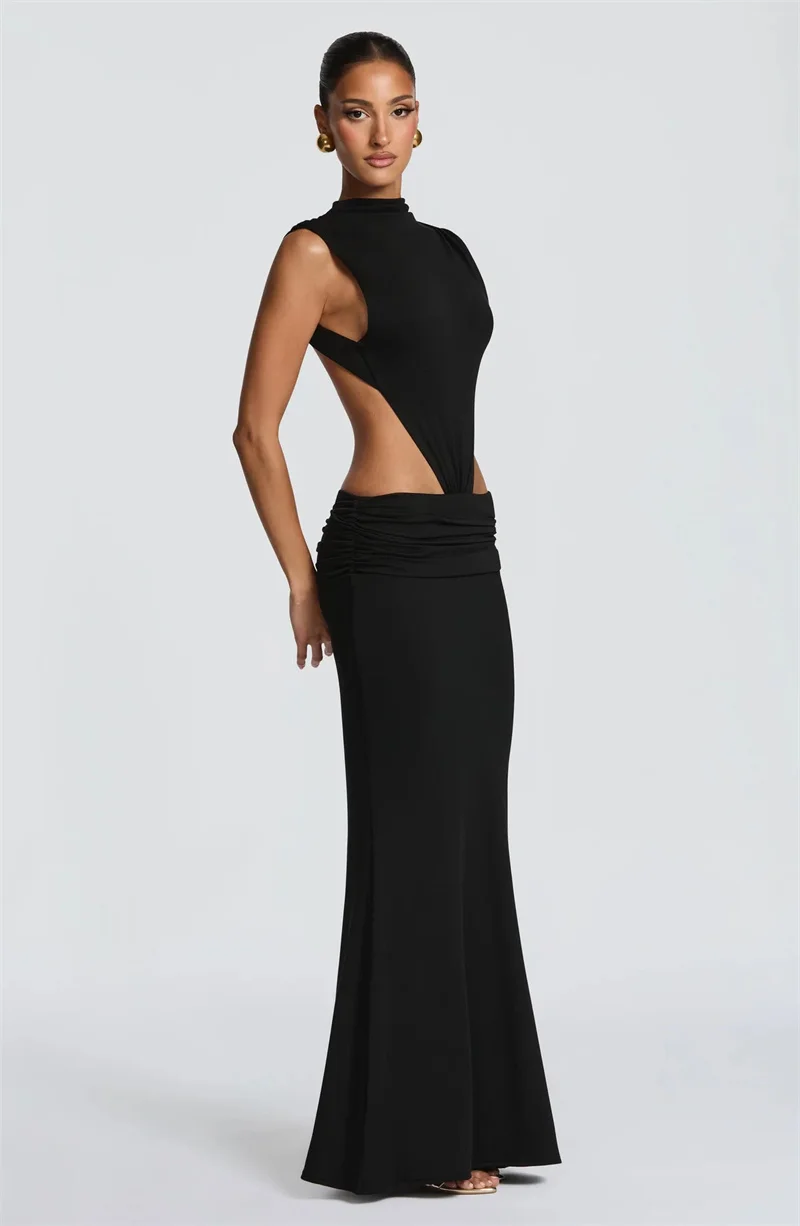 Mozision Women Cutout Backless Sexy Maxi Dress Elegant High Neck Sleeveless Ruched Bodycon Club Party Beach Long Dress Fashion