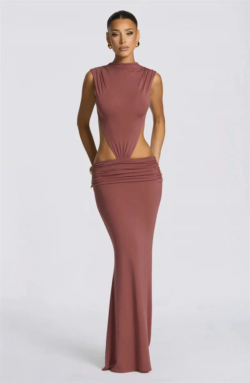 Mozision Women Cutout Backless Sexy Maxi Dress Elegant High Neck Sleeveless Ruched Bodycon Club Party Beach Long Dress Fashion