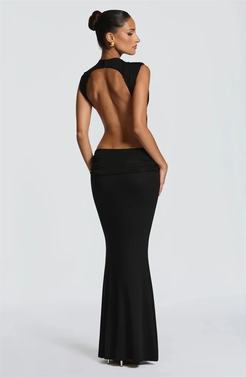 Mozision Women Cutout Backless Sexy Maxi Dress Elegant High Neck Sleeveless Ruched Bodycon Club Party Beach Long Dress Fashion