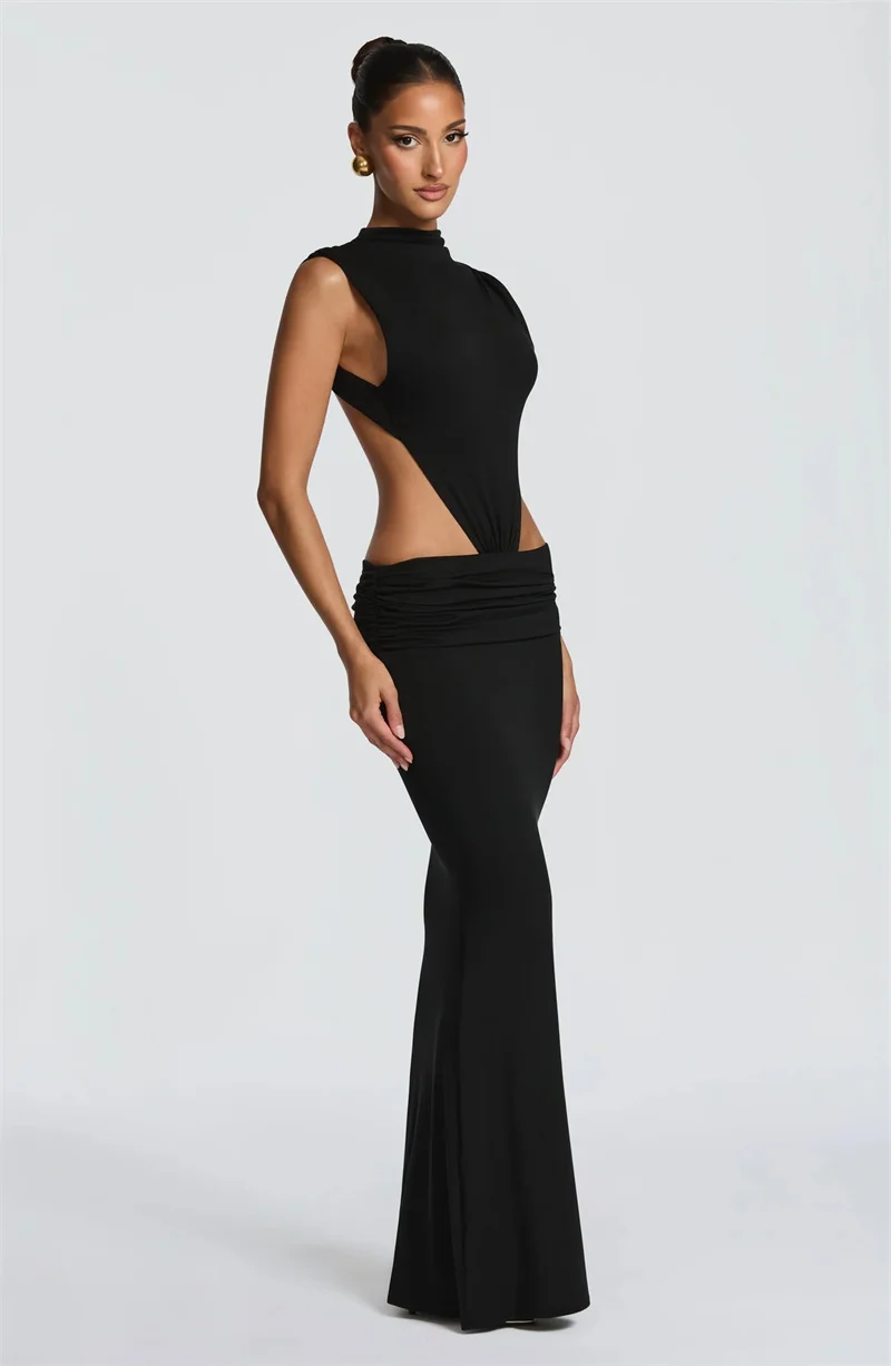 Mozision Women Cutout Backless Sexy Maxi Dress Elegant High Neck Sleeveless Ruched Bodycon Club Party Beach Long Dress Fashion