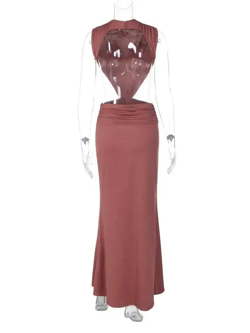 Mozision Women Cutout Backless Sexy Maxi Dress Elegant High Neck Sleeveless Ruched Bodycon Club Party Beach Long Dress Fashion