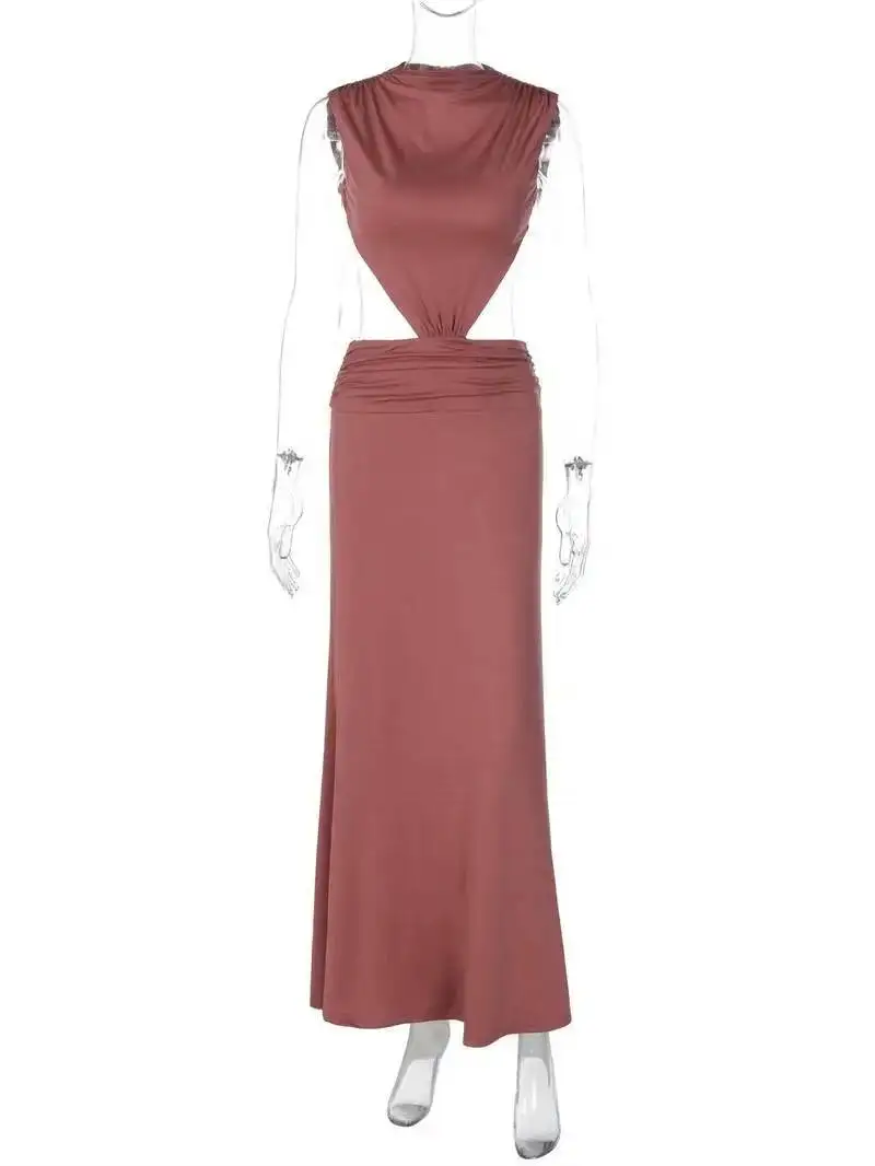 Mozision Women Cutout Backless Sexy Maxi Dress Elegant High Neck Sleeveless Ruched Bodycon Club Party Beach Long Dress Fashion