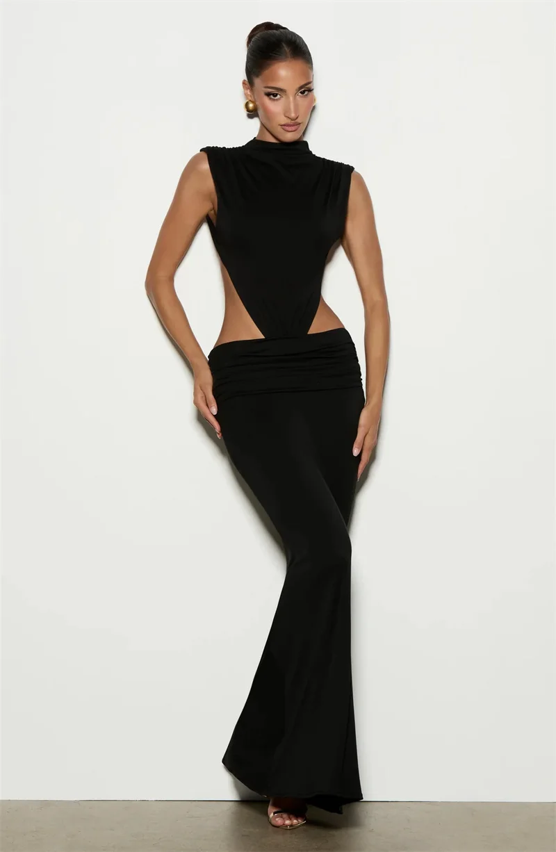 Mozision Women Cutout Backless Sexy Maxi Dress Elegant High Neck Sleeveless Ruched Bodycon Club Party Beach Long Dress Fashion