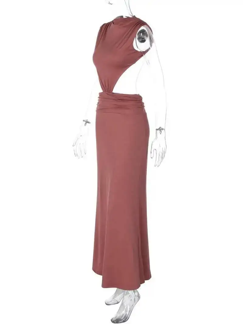 Mozision Women Cutout Backless Sexy Maxi Dress Elegant High Neck Sleeveless Ruched Bodycon Club Party Beach Long Dress Fashion