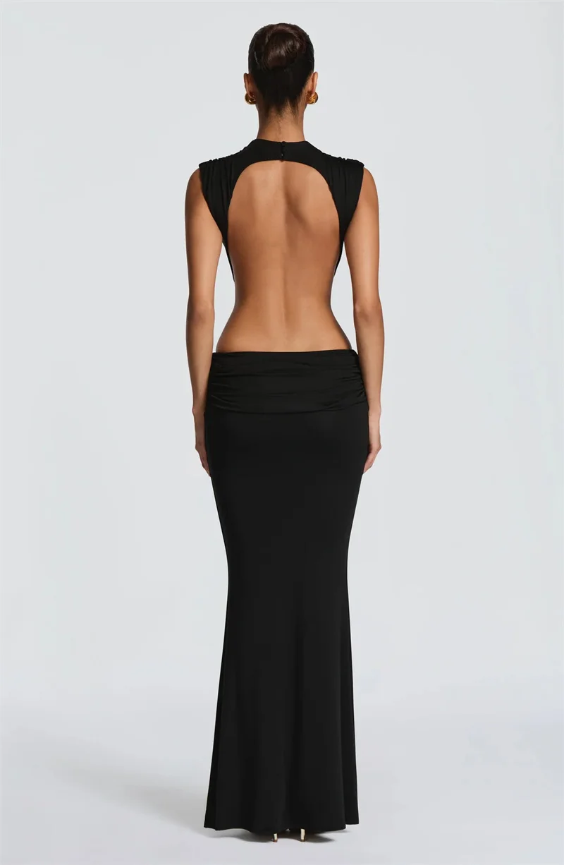Mozision Women Cutout Backless Sexy Maxi Dress Elegant High Neck Sleeveless Ruched Bodycon Club Party Beach Long Dress Fashion