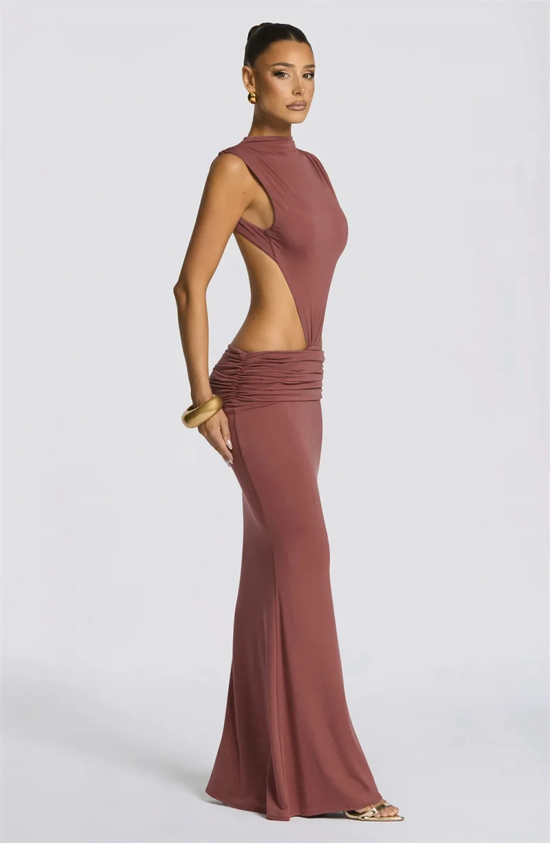 Mozision Women Cutout Backless Sexy Maxi Dress Elegant High Neck Sleeveless Ruched Bodycon Club Party Beach Long Dress Fashion
