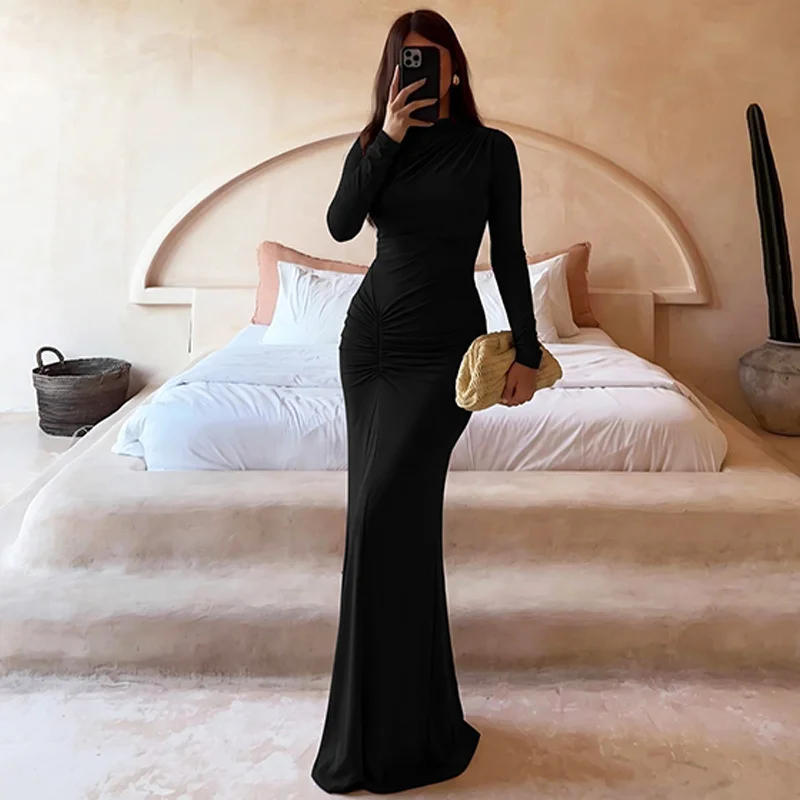 Mozision Women High Neck Long Sleeve Maxi Dress Ruched Front Bodycon Mermaid Hem Long Dress Elegant Evening Party Formal Dresses