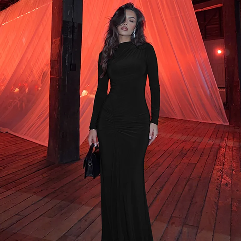 Mozision Women High Neck Long Sleeve Maxi Dress Ruched Front Bodycon Mermaid Hem Long Dress Elegant Evening Party Formal Dresses