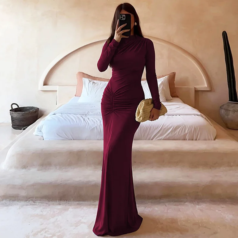 Mozision Women High Neck Long Sleeve Maxi Dress Ruched Front Bodycon Mermaid Hem Long Dress Elegant Evening Party Formal Dresses