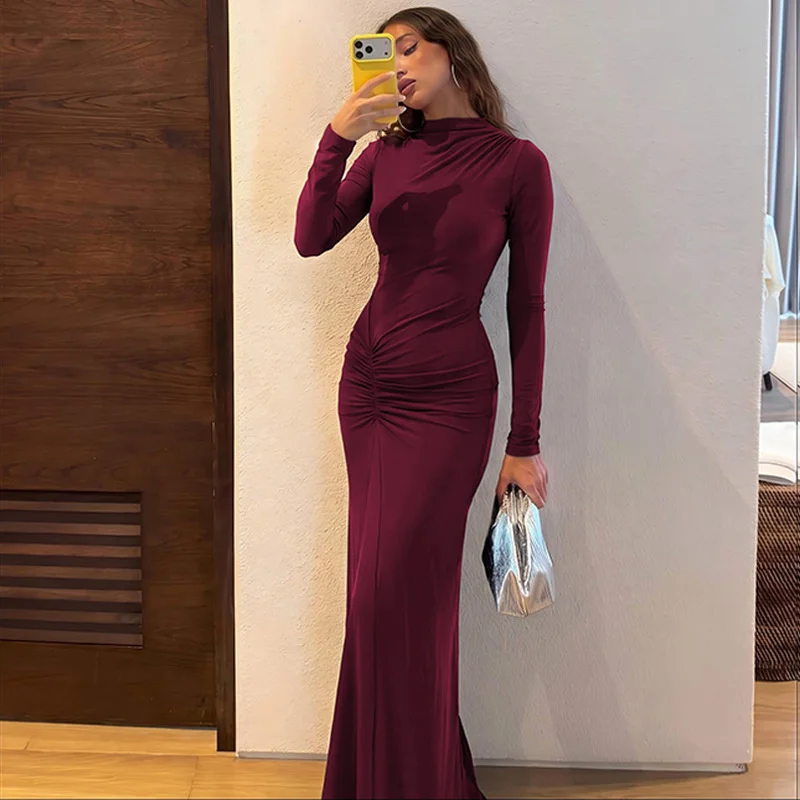 Mozision Women High Neck Long Sleeve Maxi Dress Ruched Front Bodycon Mermaid Hem Long Dress Elegant Evening Party Formal Dresses