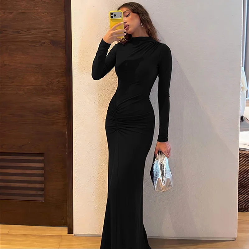Mozision Women High Neck Long Sleeve Maxi Dress Ruched Front Bodycon Mermaid Hem Long Dress Elegant Evening Party Formal Dresses