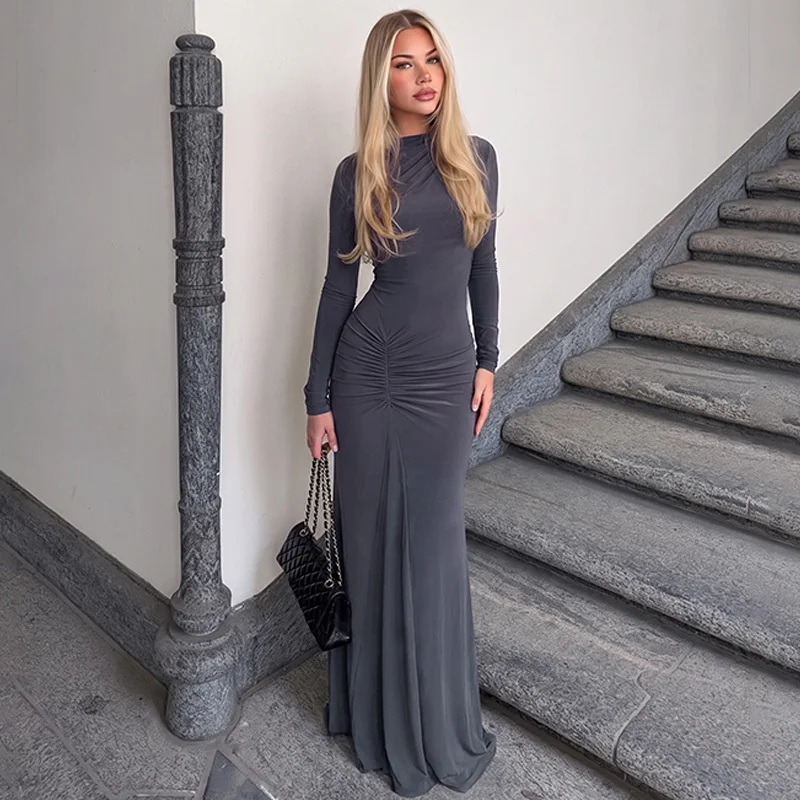 Mozision Women High Neck Long Sleeve Maxi Dress Ruched Front Bodycon Mermaid Hem Long Dress Elegant Evening Party Formal Dresses