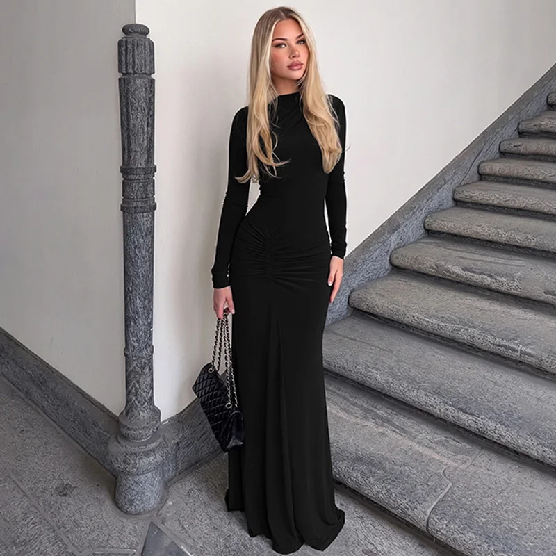 Mozision Women High Neck Long Sleeve Maxi Dress Ruched Front Bodycon Mermaid Hem Long Dress Elegant Evening Party Formal Dresses